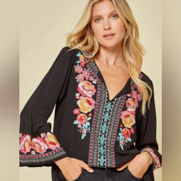 Savanna Jane Vibrant Floral Tunic Bell Sleeve Boho Colorful Embroidery WM SZ S - Picture 1 of 16